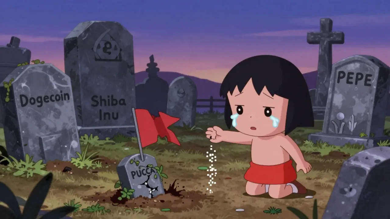 PUCCA's tiny flag buried in a graveyard of dead meme coins under a twilight sky.