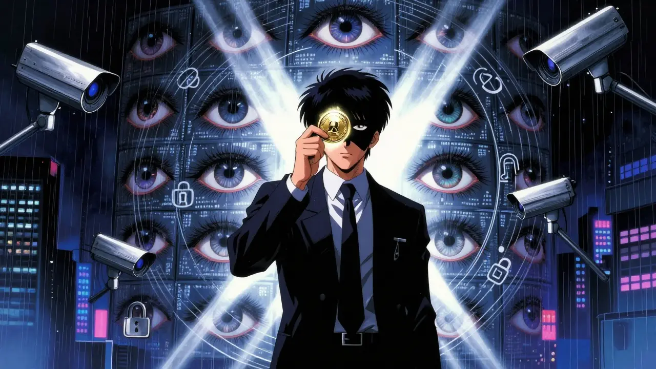 Silhouette holding encrypted coin protected from surveillance cameras in rain.