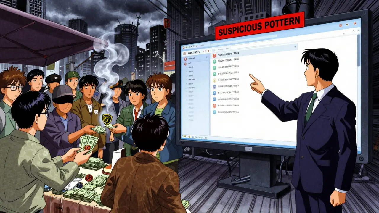 Split scene: people receiving private crypto tokens vs. officials tracking Bitcoin transactions in a dystopian city.