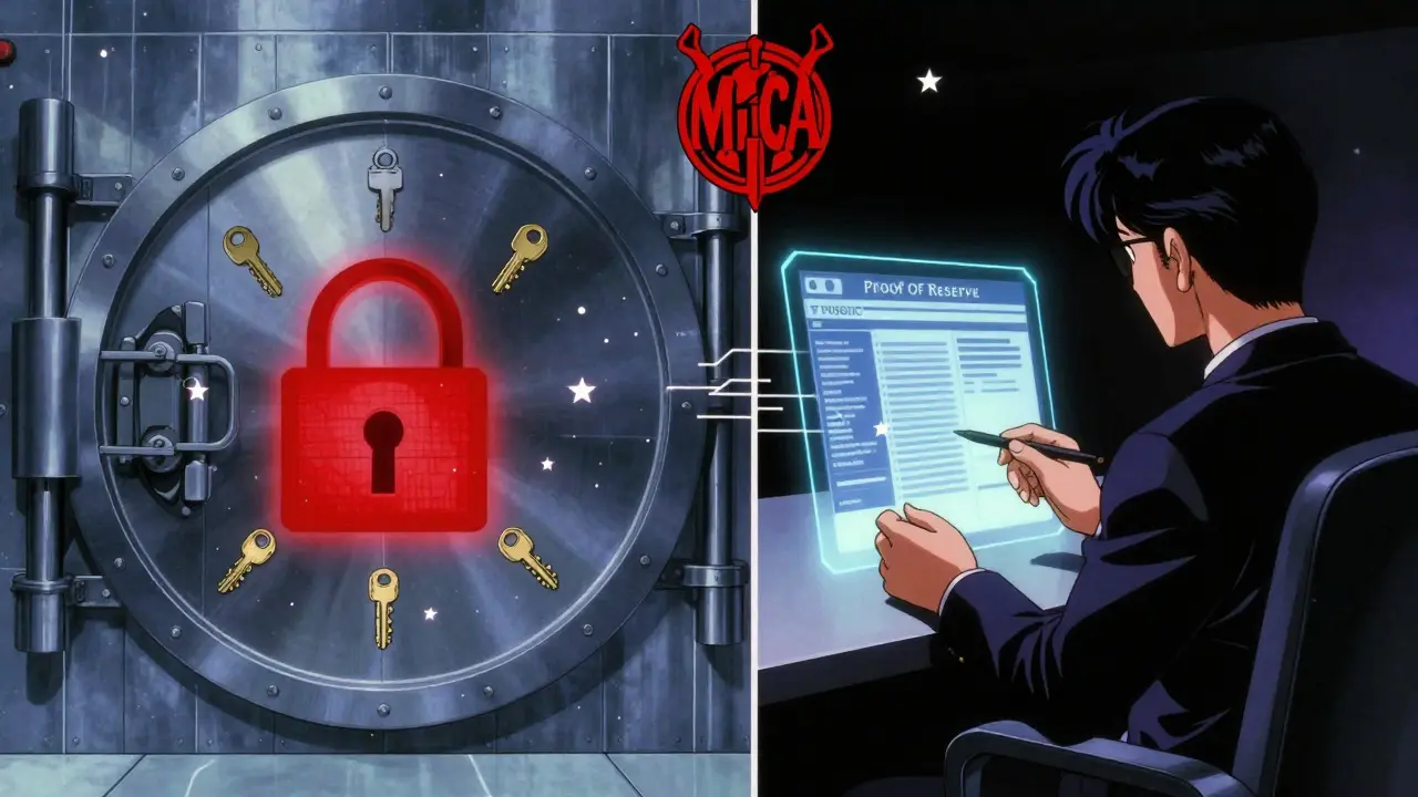 Split scene showing secure cold storage vaults and a trader reviewing verified reserve audits.