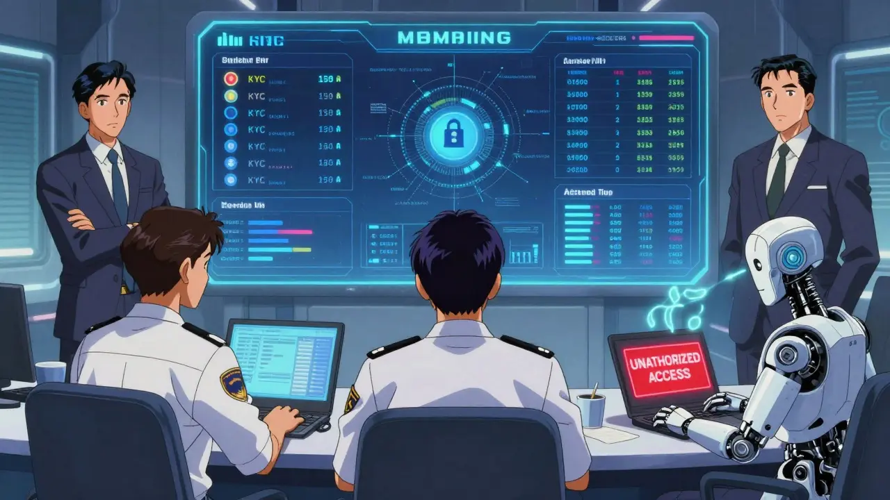 Thai compliance staff monitor holographic dashboards tracking KYC and data storage within Thailand’s borders.