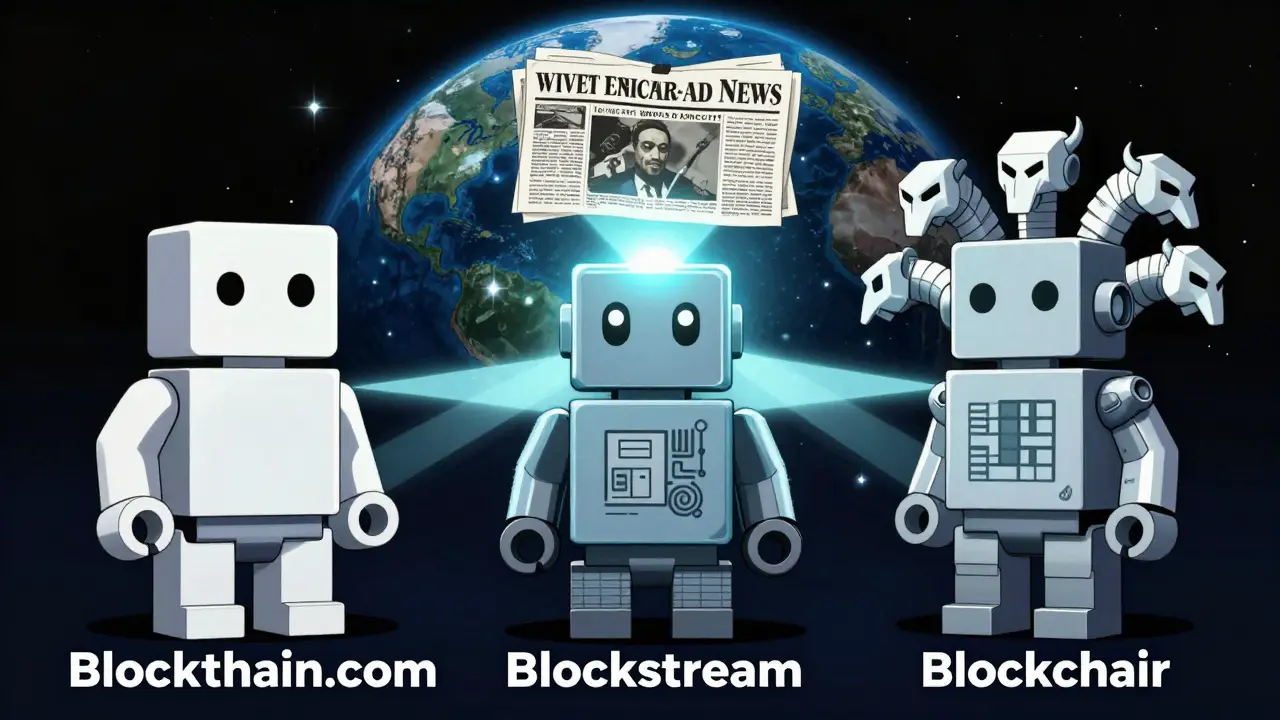 Three robot block explorers guarding a glowing genesis block that projects a newspaper headline.