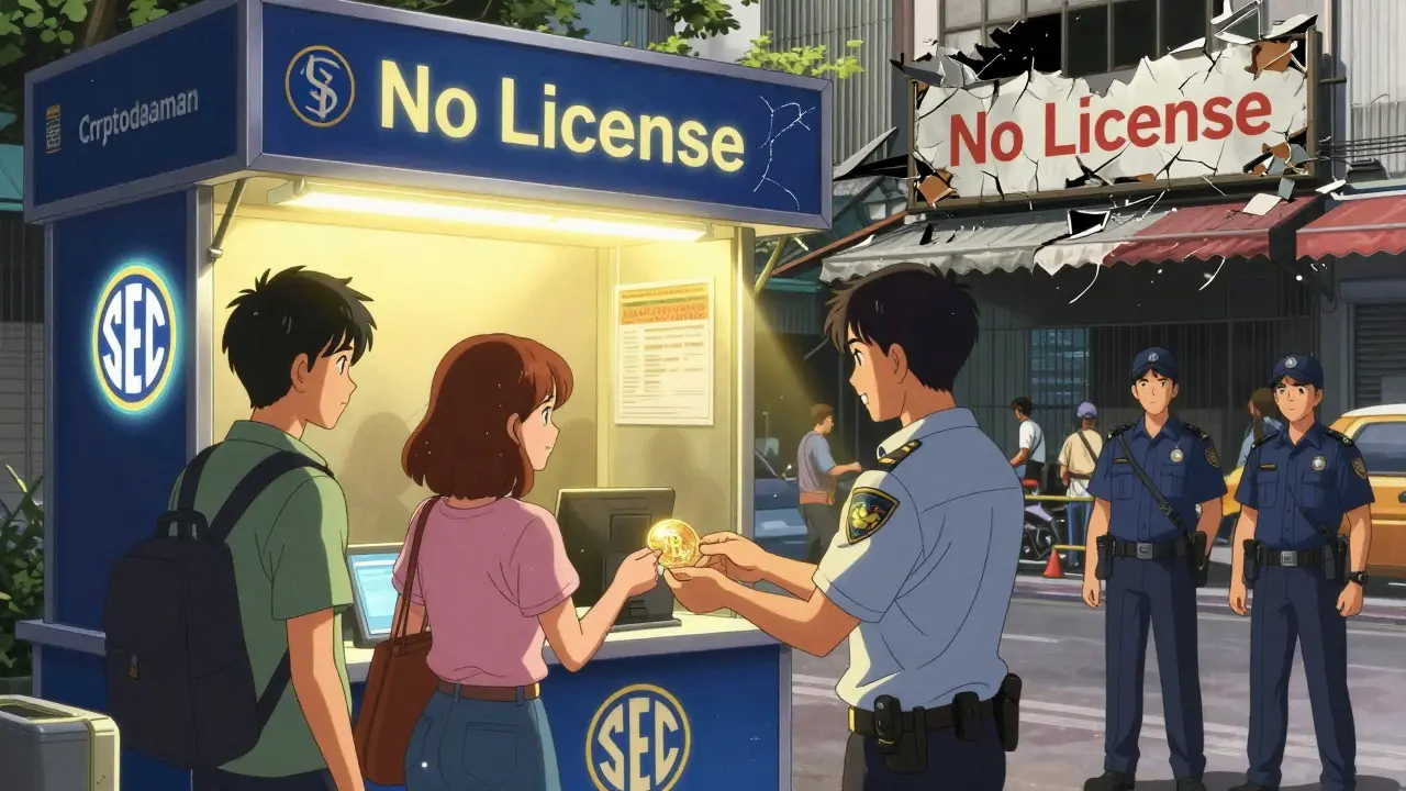 Tourists exchange crypto for baht at a licensed kiosk in Bangkok while an unlicensed platform is torn down nearby.