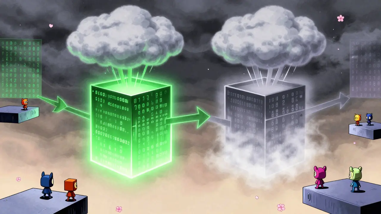 Two competing blockchain blocks emerging from a storm, one glowing green and the other fading to gray, with digital observers watching.