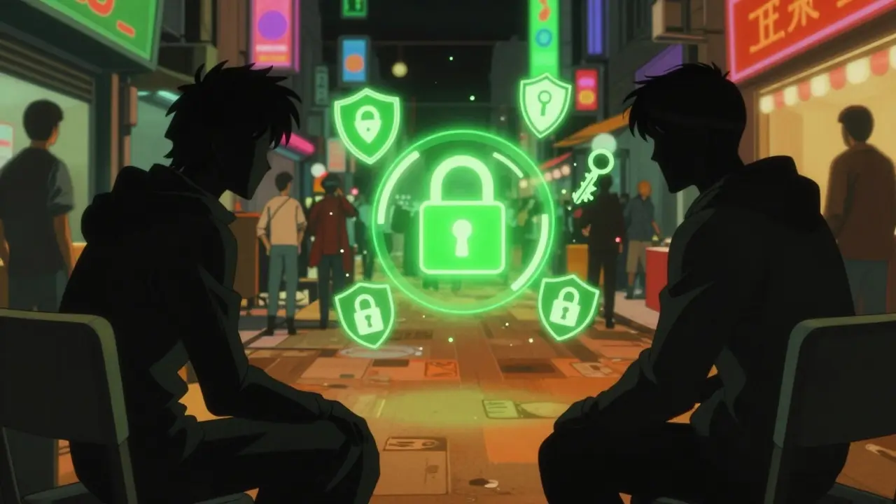 Two figures exchanging abstract crypto tokens in a busy cyber market street.