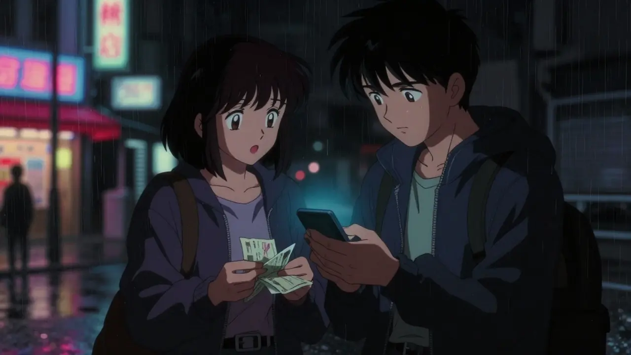 Two people exchanging cash and devices in dark rainy alley