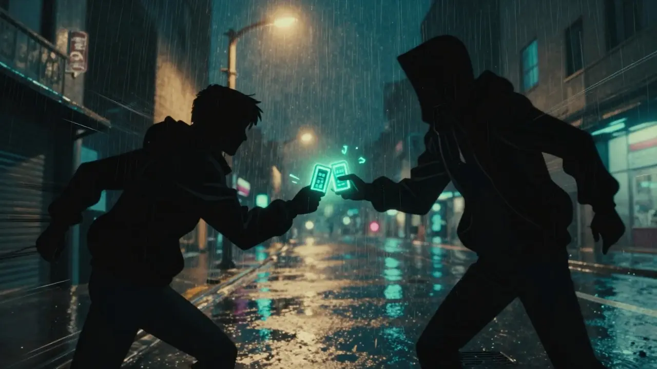 Two silhouettes exchanging glowing tokens in rainy street scene.