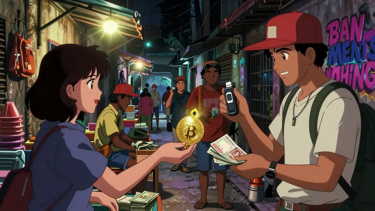 Underground crypto trades happen at night in a Bolivian alley, with cash changing hands for digital currency.
