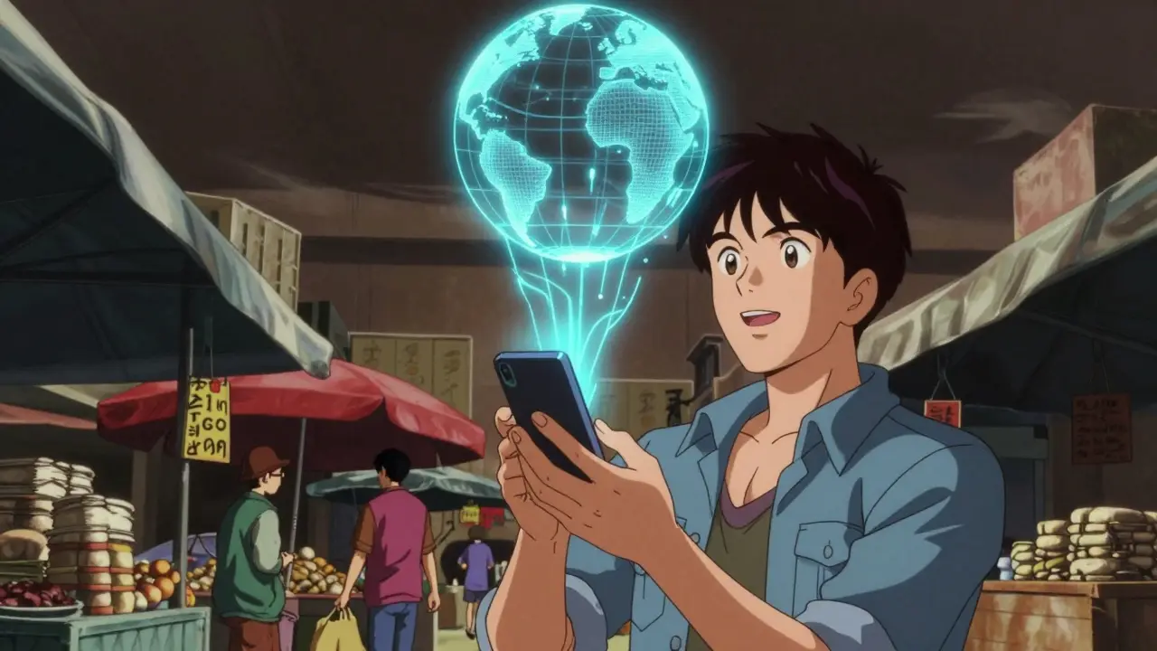 Worker using smartphone with digital lines connecting to globe.