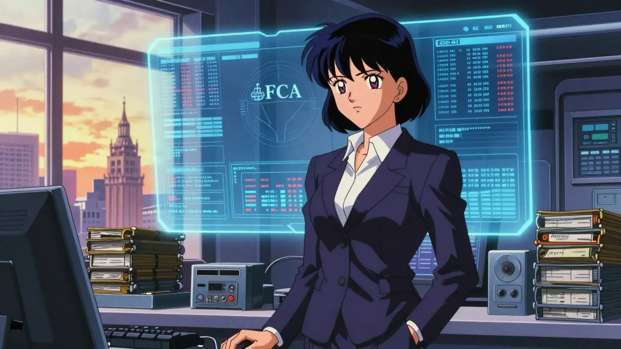90s anime style professional in a high-tech office analyzing FCA regulatory data on a hologram.