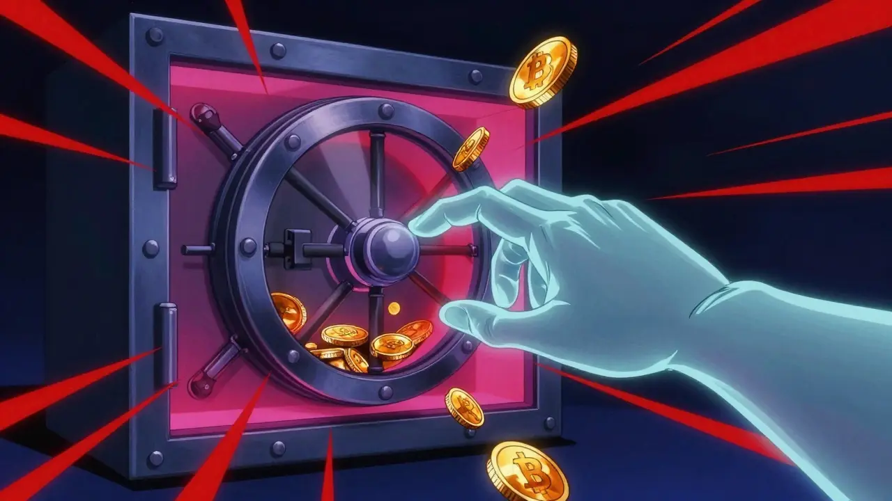 A digital vault being drained of coins by a malicious entity from a screen
