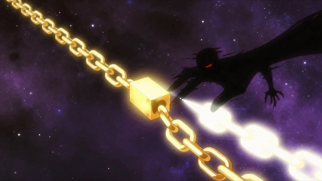 A glowing golden blockchain stretching through a cosmic void in retro anime style.