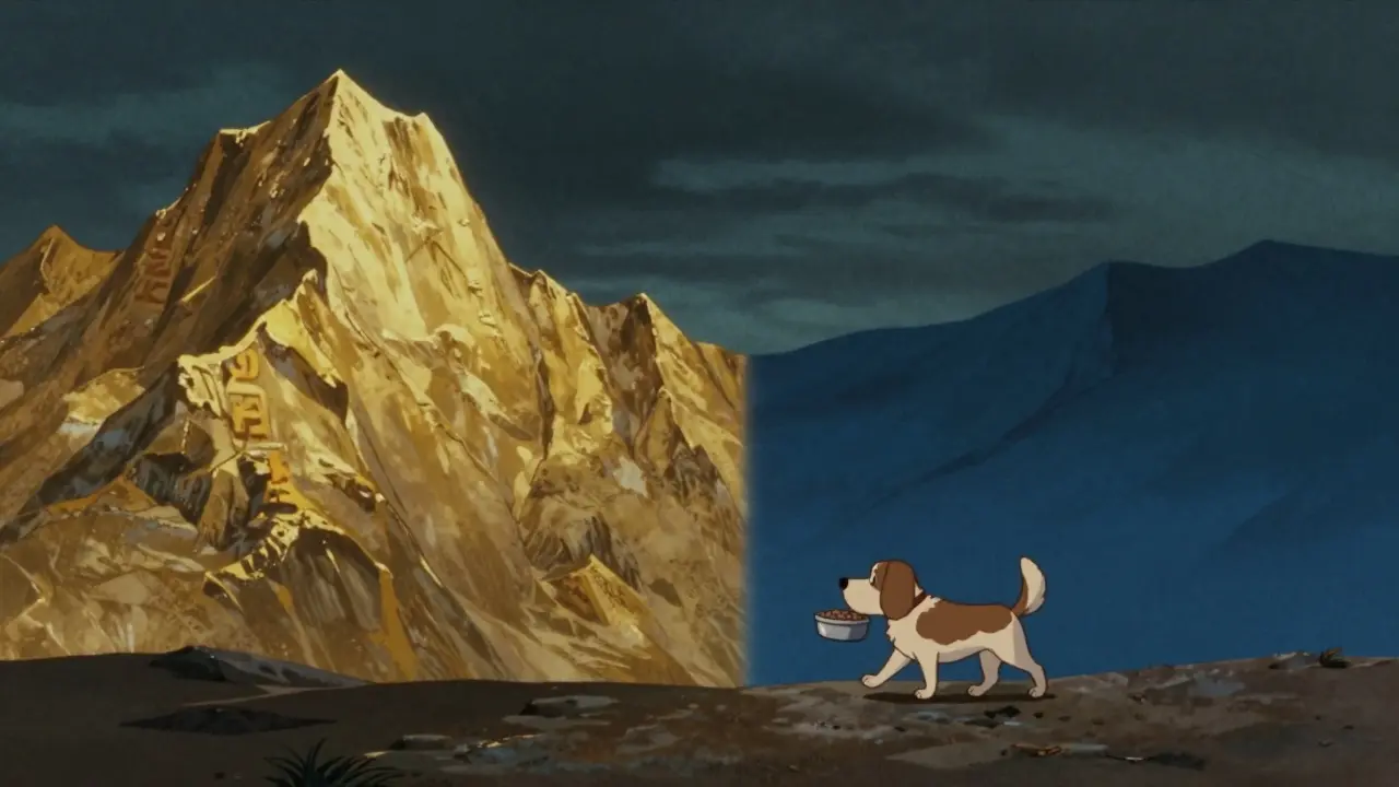 A small dog walking between a golden peak and a blue valley, symbolizing crypto volatility and charity.