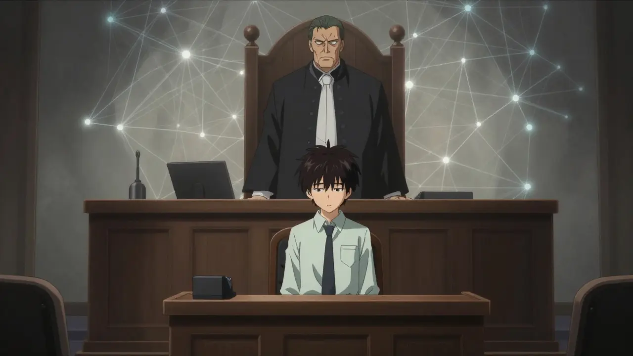 A stressed developer in a dramatic courtroom with a translucent blockchain web behind him