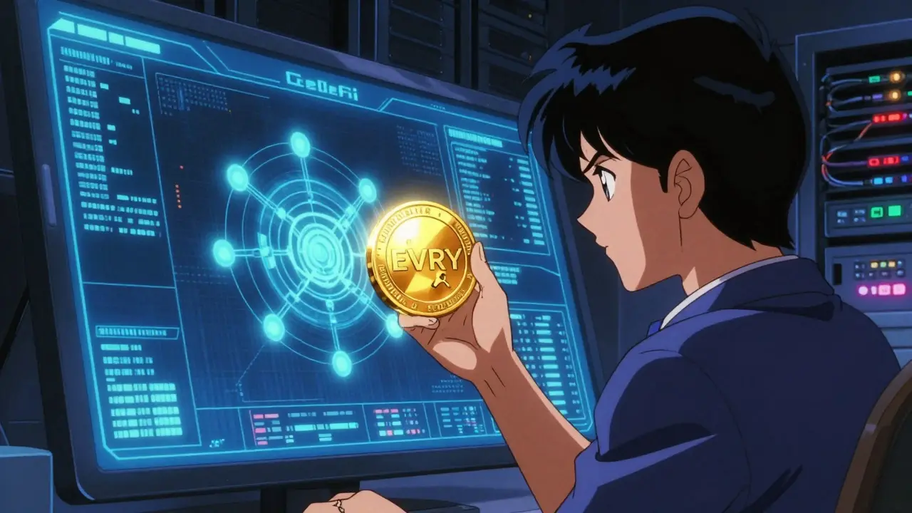 Anime character analyzing a glowing EVRY token and financial charts in a tech center