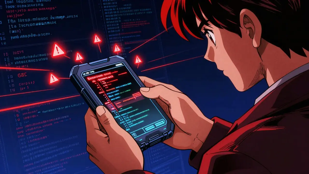 Anime character analyzing a suspicious smart contract with red warning alerts on a digital screen.