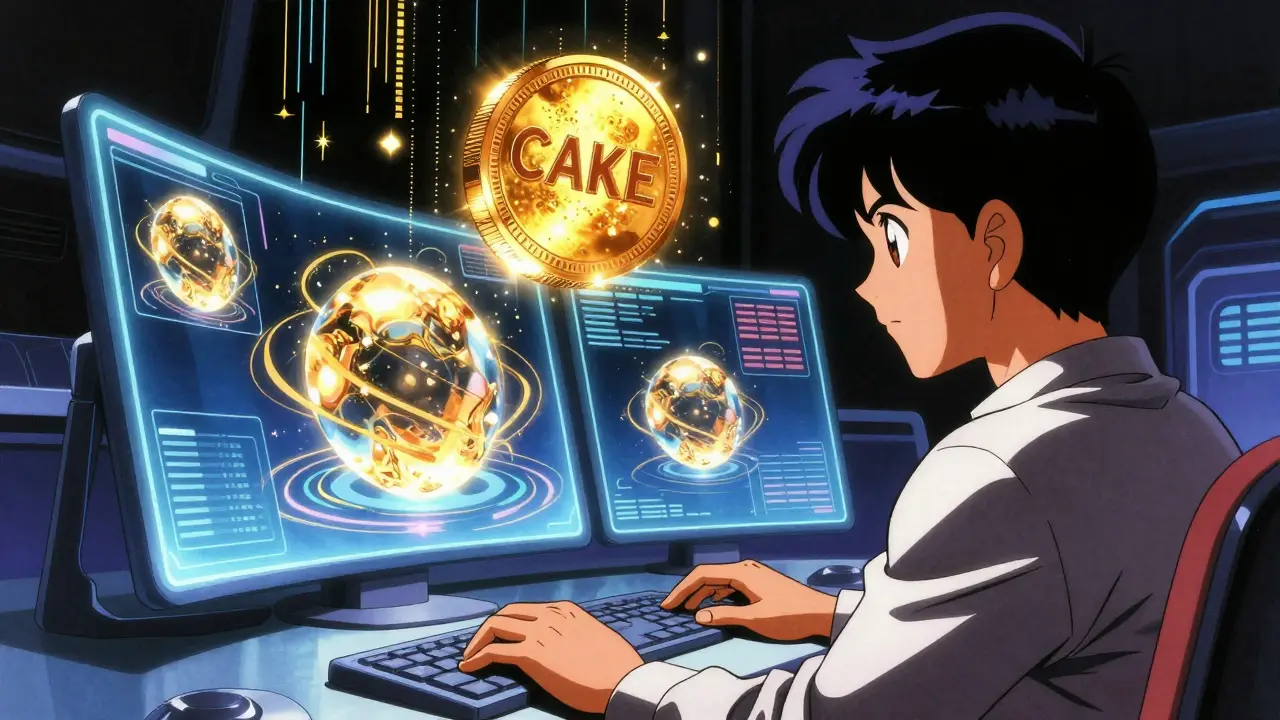 Anime character at a holographic terminal managing glowing digital liquidity pools and a golden token.