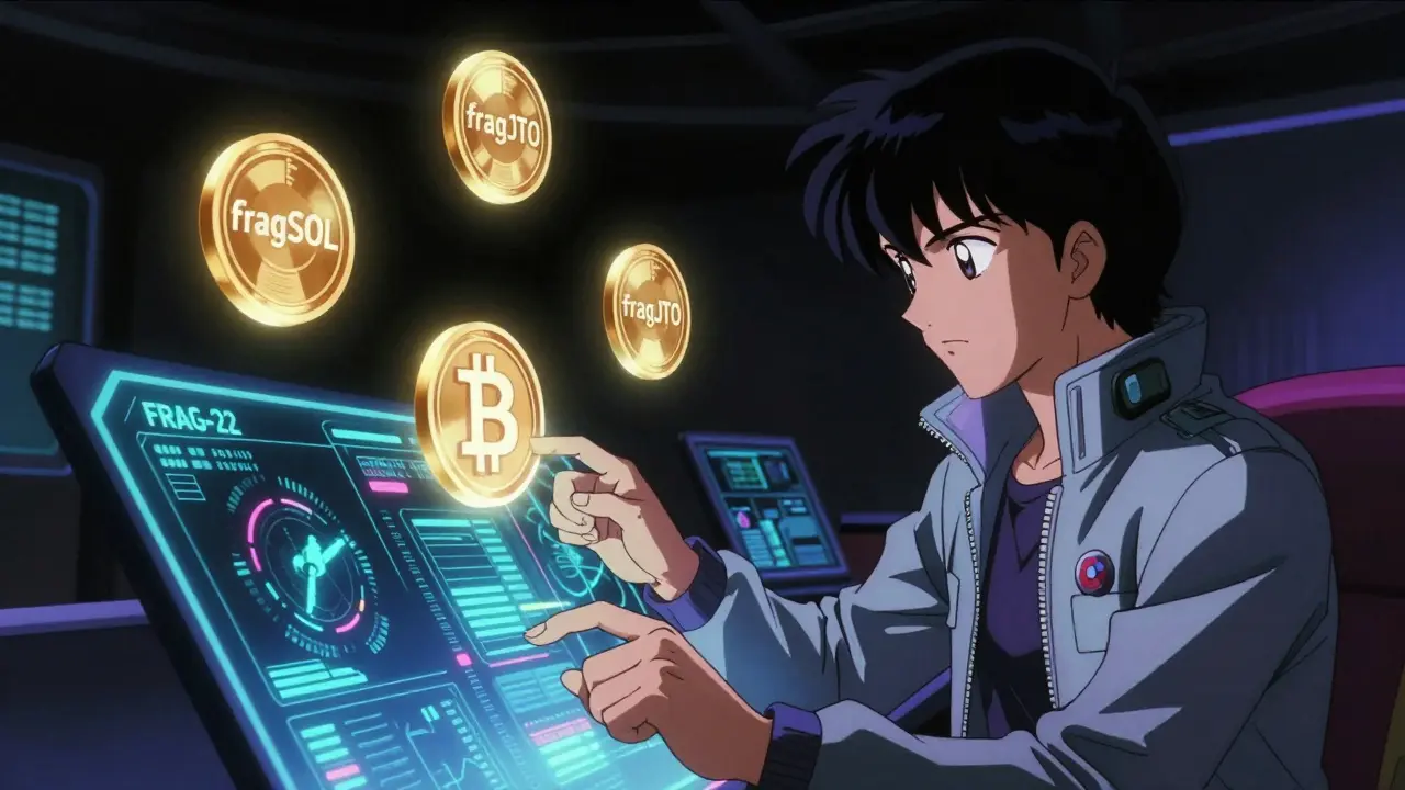 Anime character managing holographic fragSOL, fragJTO, and fragBTC tokens in a high-tech center.