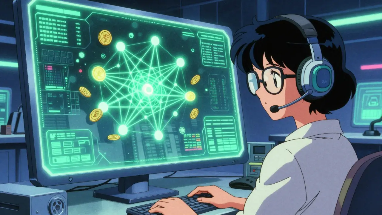Anime engineer monitoring a holographic green blockchain network in a high-tech control room