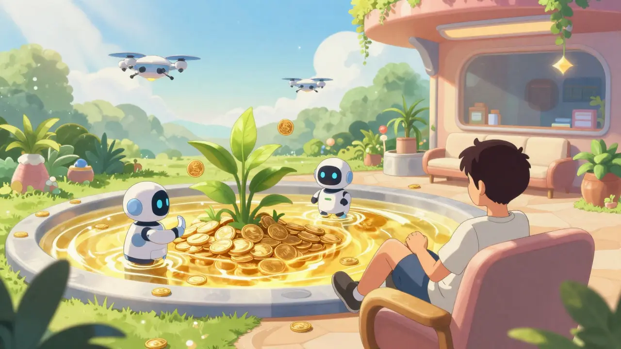 Character relaxing by a glowing golden digital pond in a futuristic, peaceful anime garden.