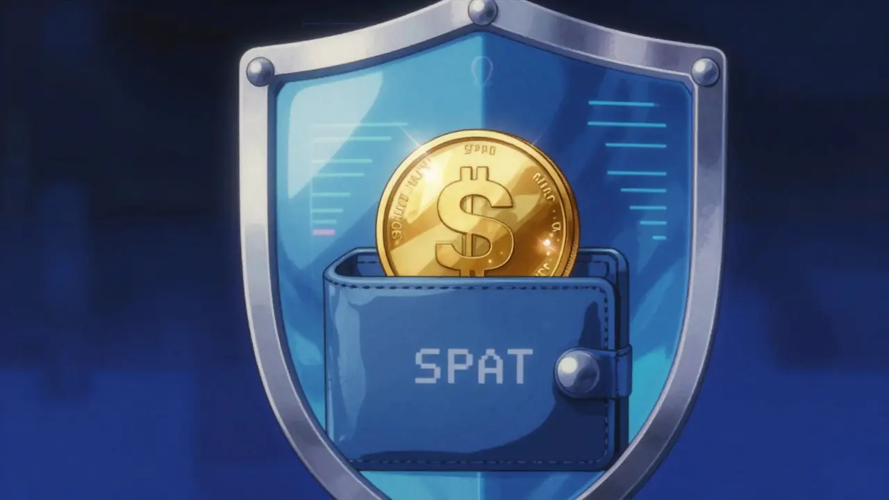 Close-up of a shimmering gold SPAT token inside a protected digital wallet.