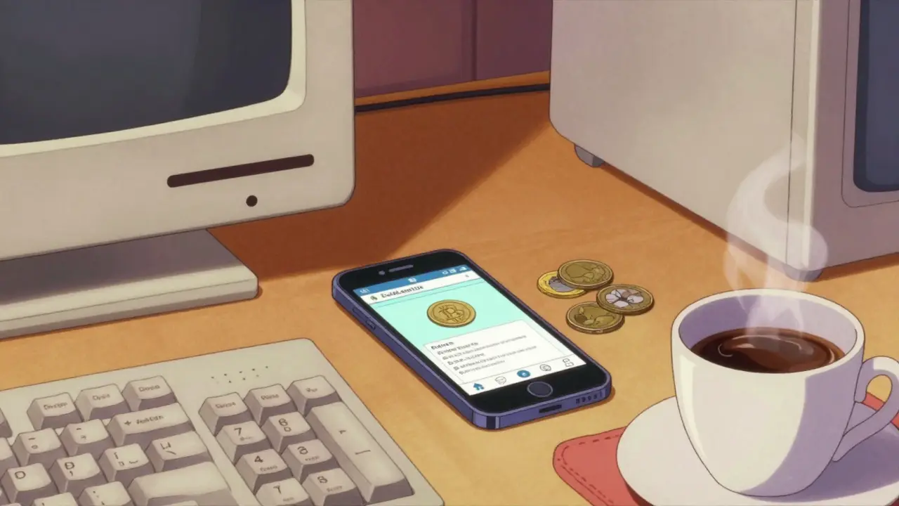 Close-up of a smartphone and desk showing a digital wallet in retro anime style