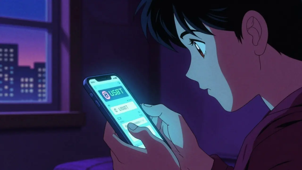 Close-up of a smartphone displaying a crypto wallet in a dark room in retro anime style.