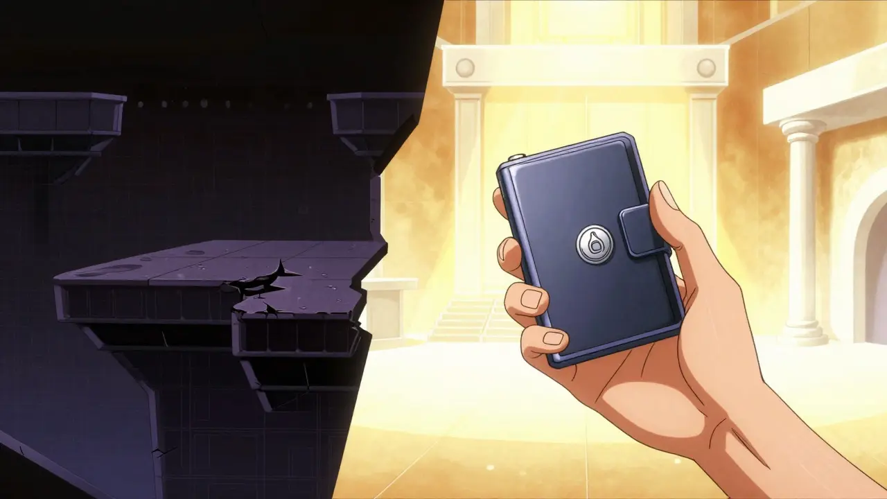 Comparison between a dark digital void and a secure person holding a hardware wallet