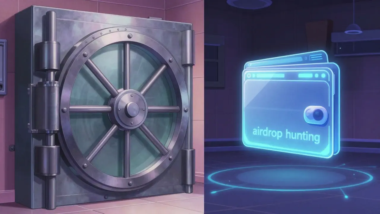 Comparison between a secure metal vault and a holographic digital wallet in retro anime style.