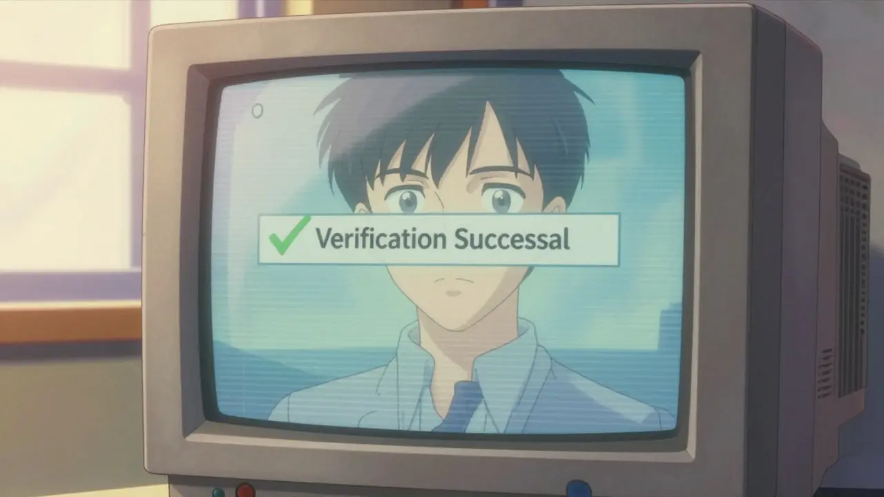 CRT monitor displaying a successful verification checkmark in retro anime style