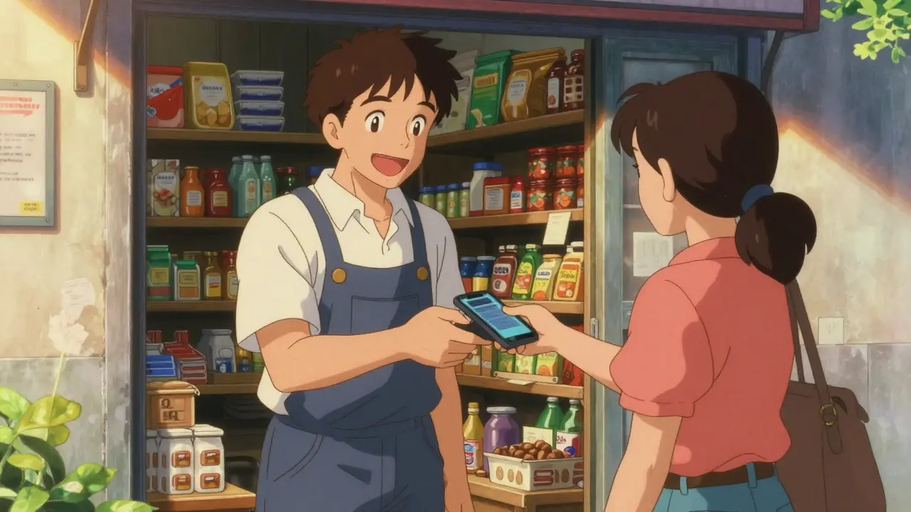 Customer and merchant completing a crypto payment at a small grocery store in retro anime style.