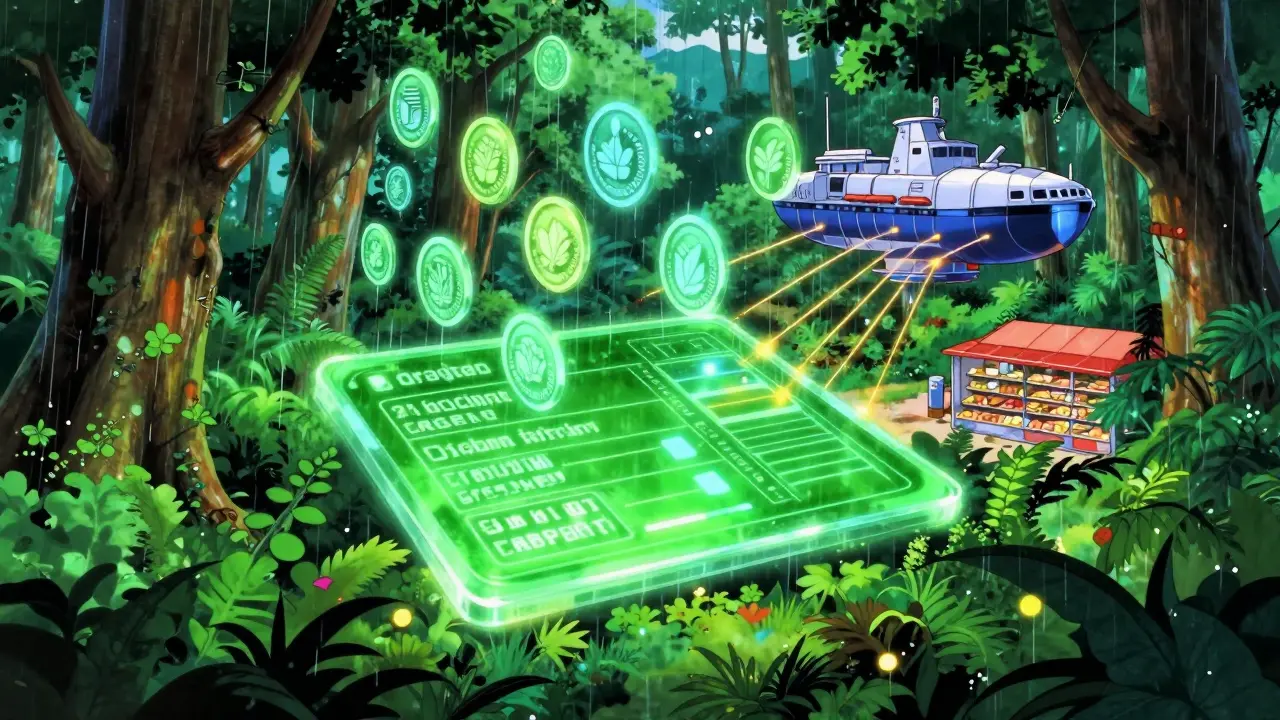 Digital ledger tokens floating over a lush rainforest in a retro anime utopian scene