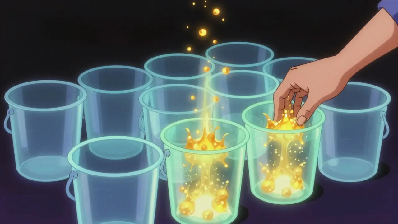 Digital neon buckets concentrating golden energy particles in a void.