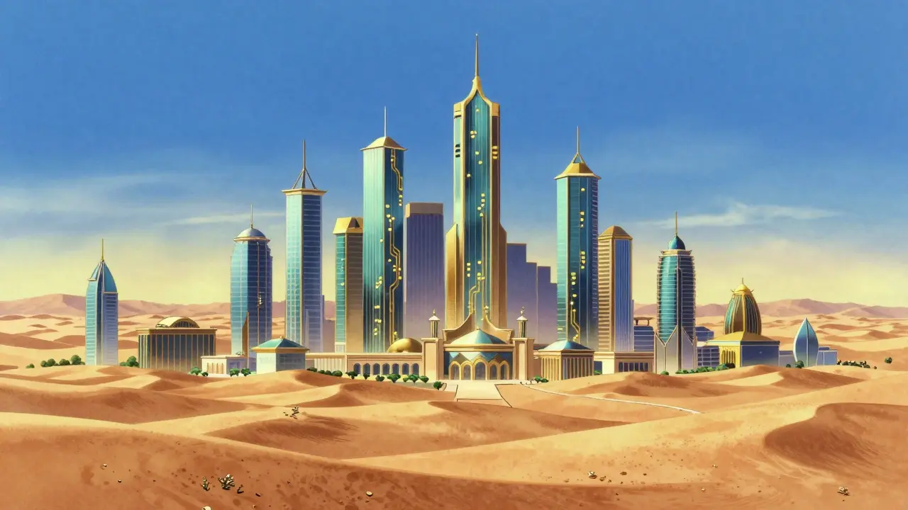 Futuristic desert cityscape with golden skyscrapers under sunset skies.