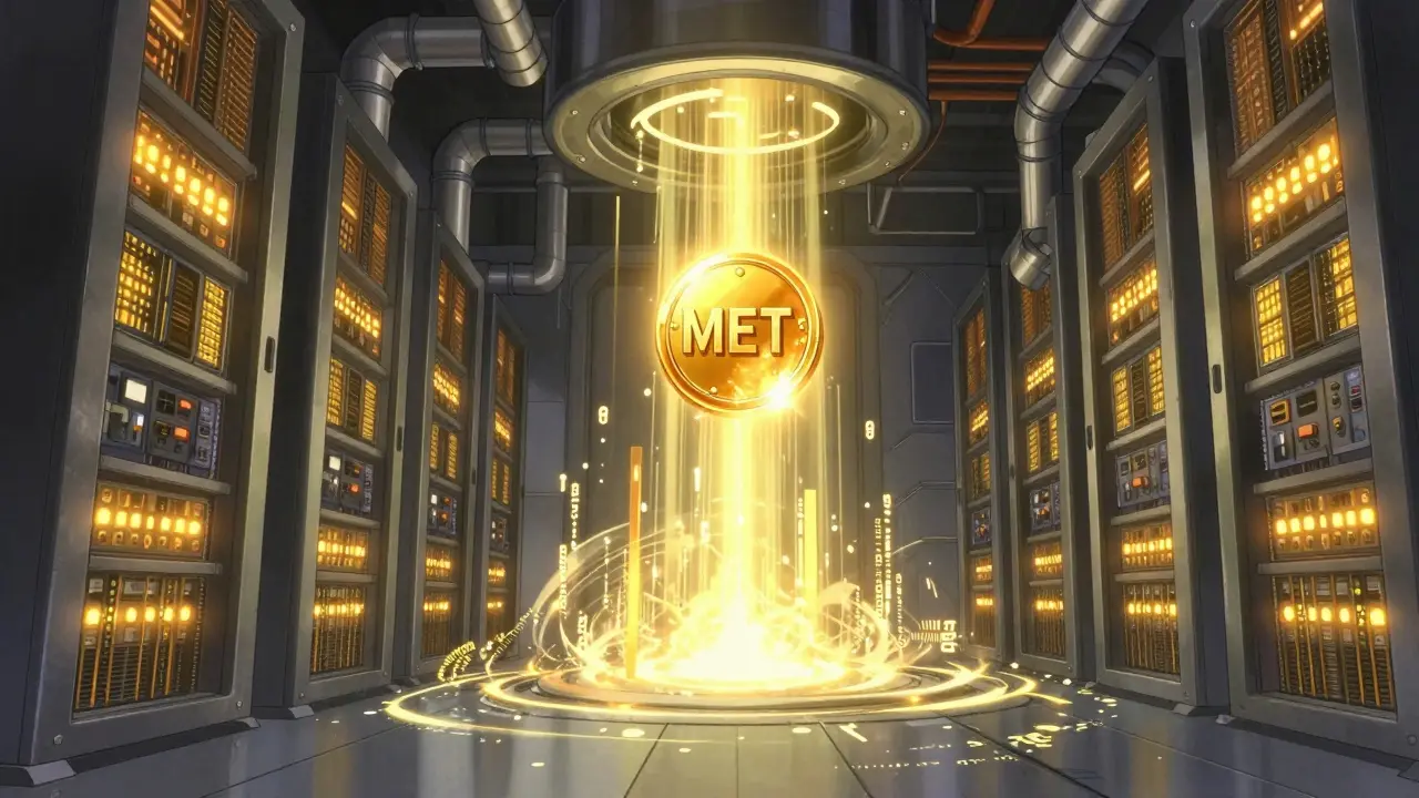 Glowing MET token floating in a futuristic high-tech server room.