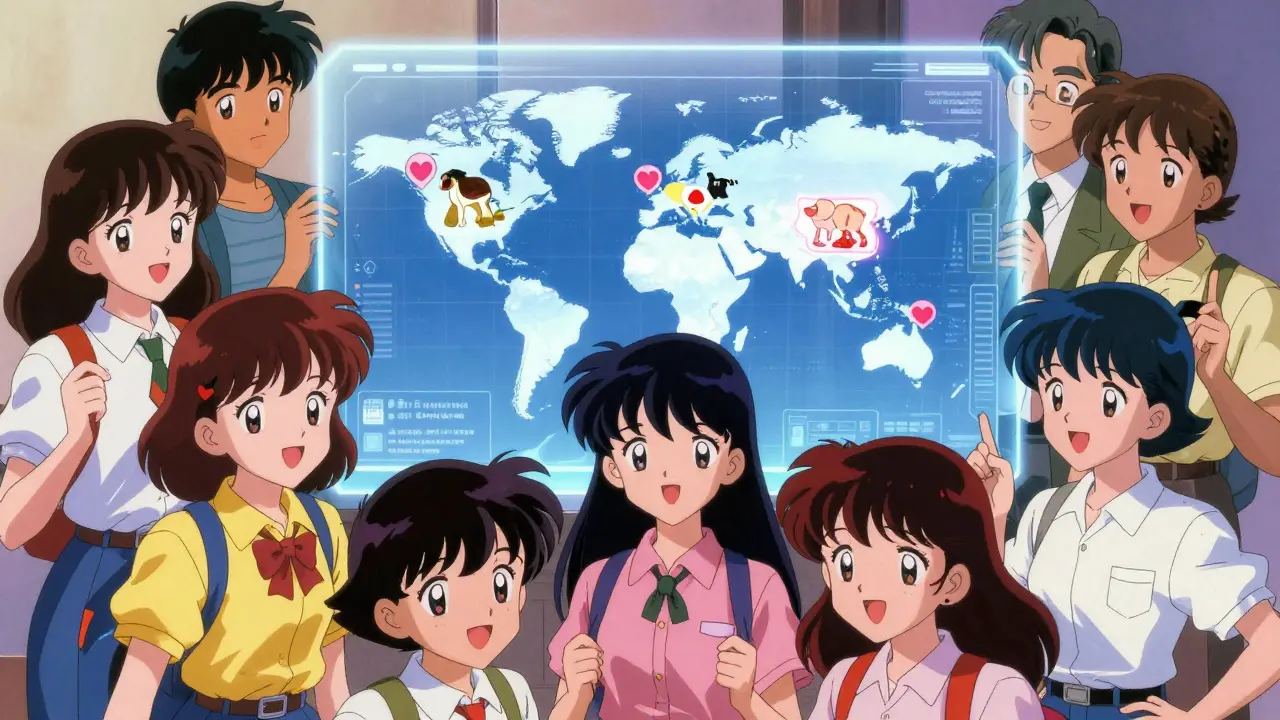 Group of anime characters voting to fund animal shelters using a holographic map.