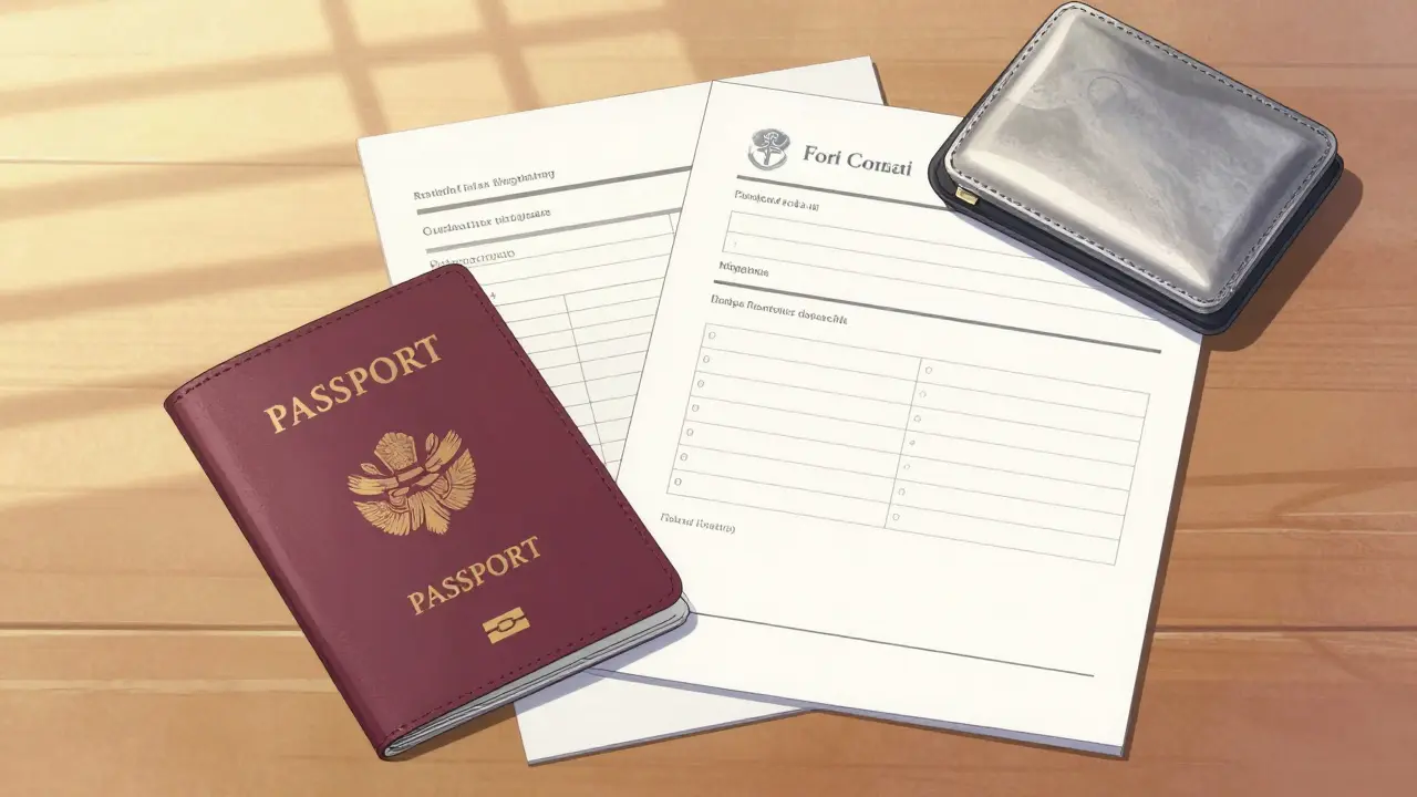 Passport and blank documents on a desk with soft natural lighting.