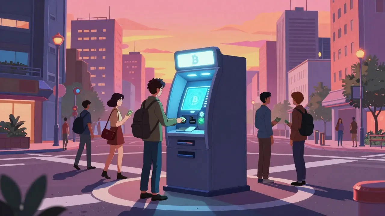 People using a cryptocurrency ATM in a stylized city in retro anime style