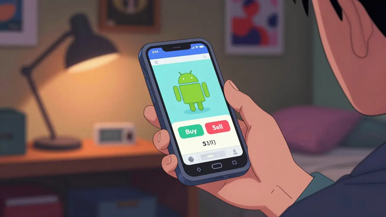 Retro anime close-up of a hand using a crypto trading app on an Android phone.