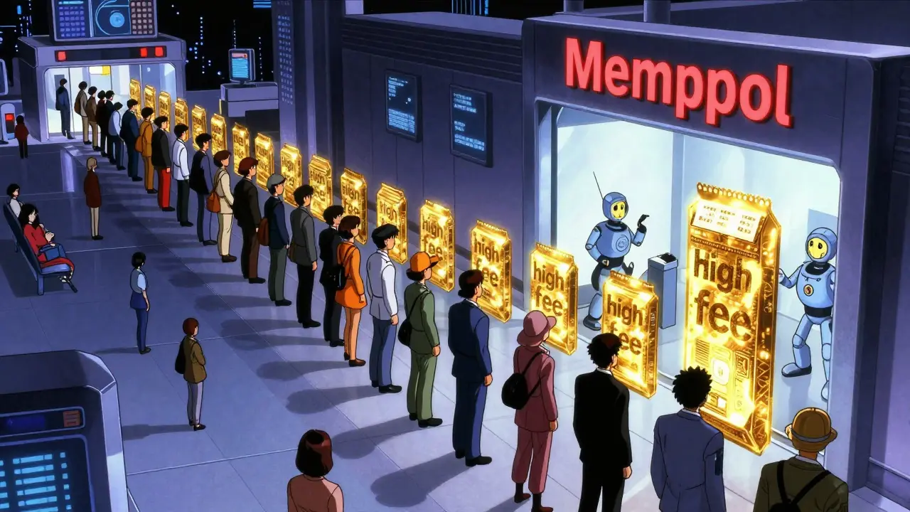 Retro anime depiction of a blockchain mempool as a futuristic airport security line.