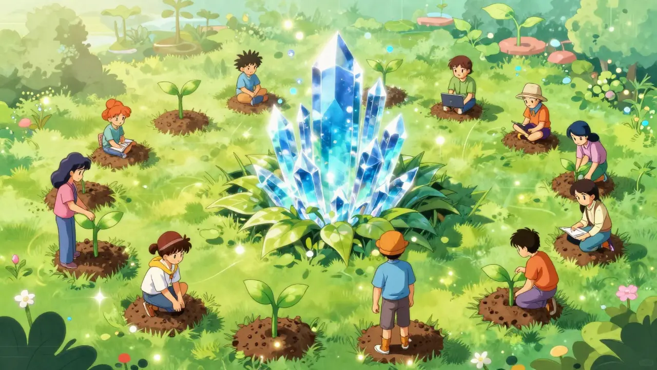 Retro anime depiction of developers and artists growing crystalline structures in a digital garden.