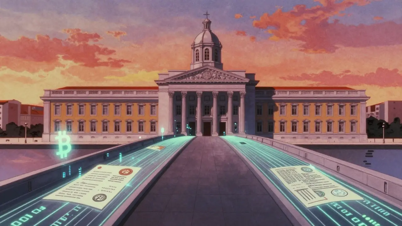 Retro anime depiction of digital data flowing from a blockchain network to a government office.