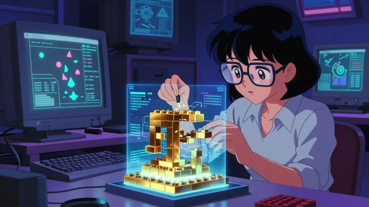 Retro anime developer building a holographic structure of glowing code blocks in a high-tech lab.