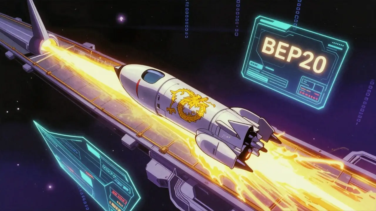 Retro anime futuristic space launchpad with a dragon rocket and holographic data.