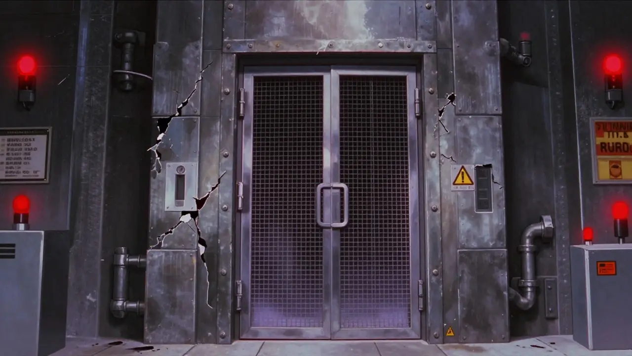 Retro anime illustration of a high-tech vault with a flimsy screen door and red warning lights.