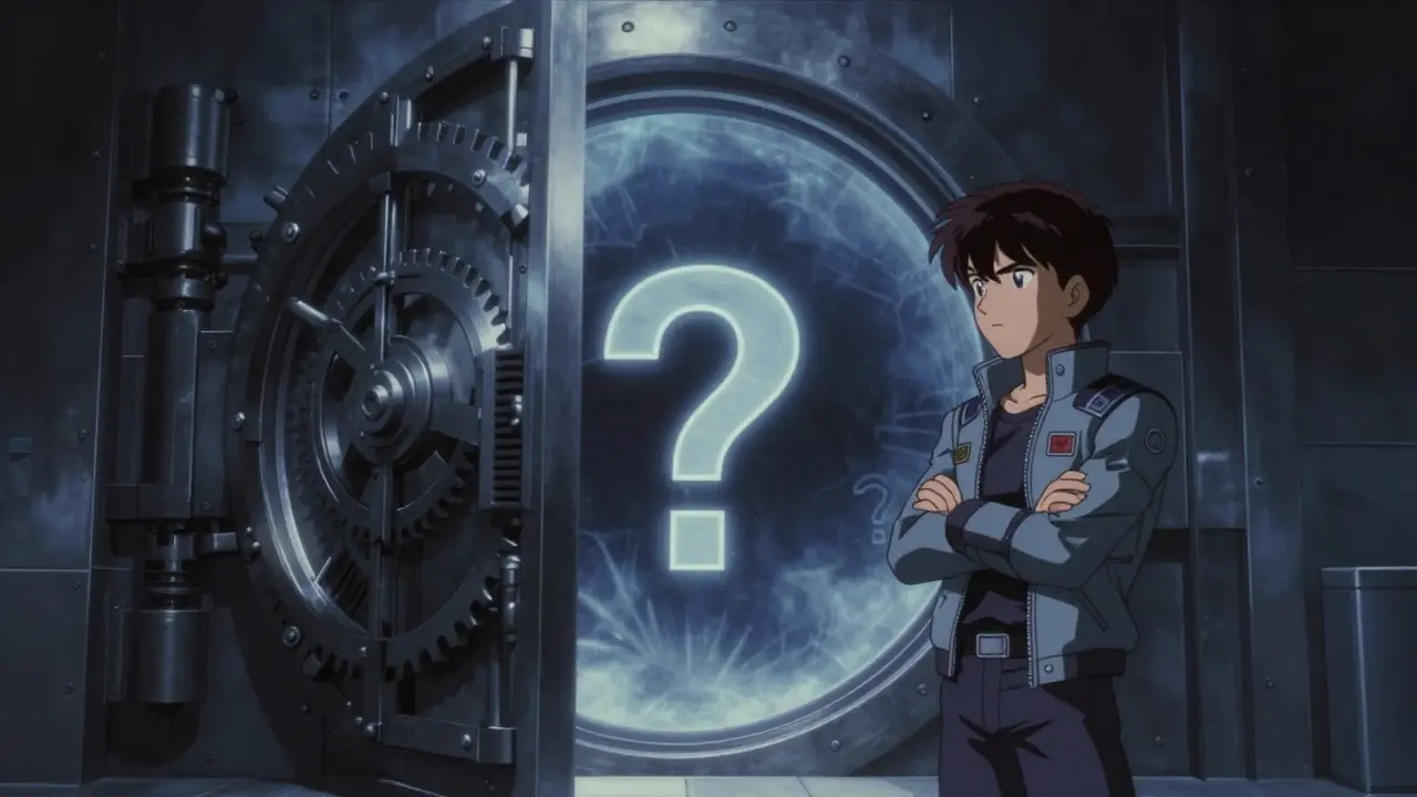 Retro anime illustration of a mysterious digital vault symbolizing security uncertainty.
