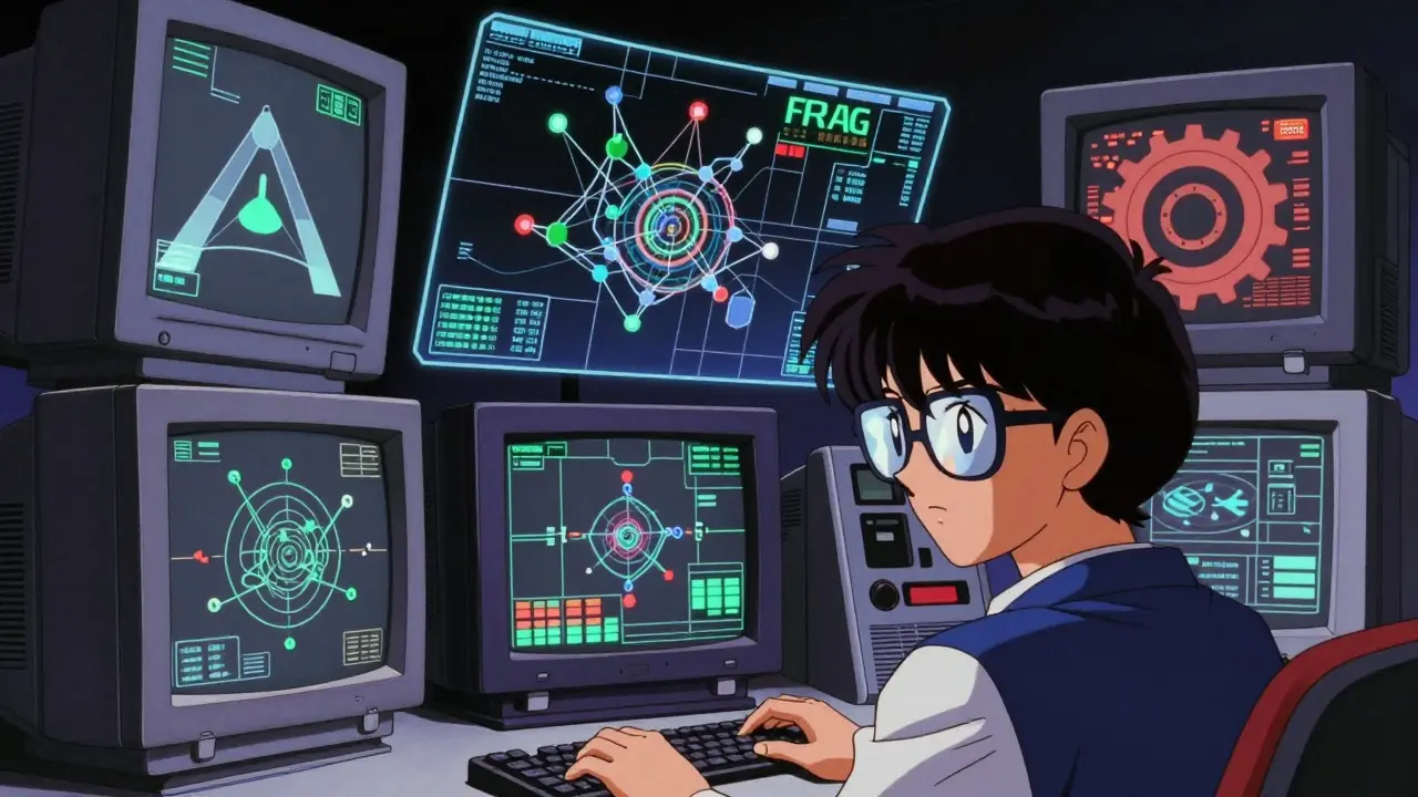 Retro anime scene of a technician monitoring a holographic governance system on CRT screens.