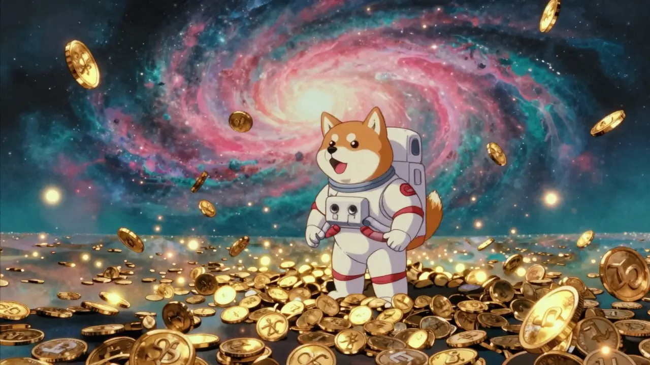 Retro anime Shiba Inu astronaut overlooking a vast galaxy of glowing gold coins.