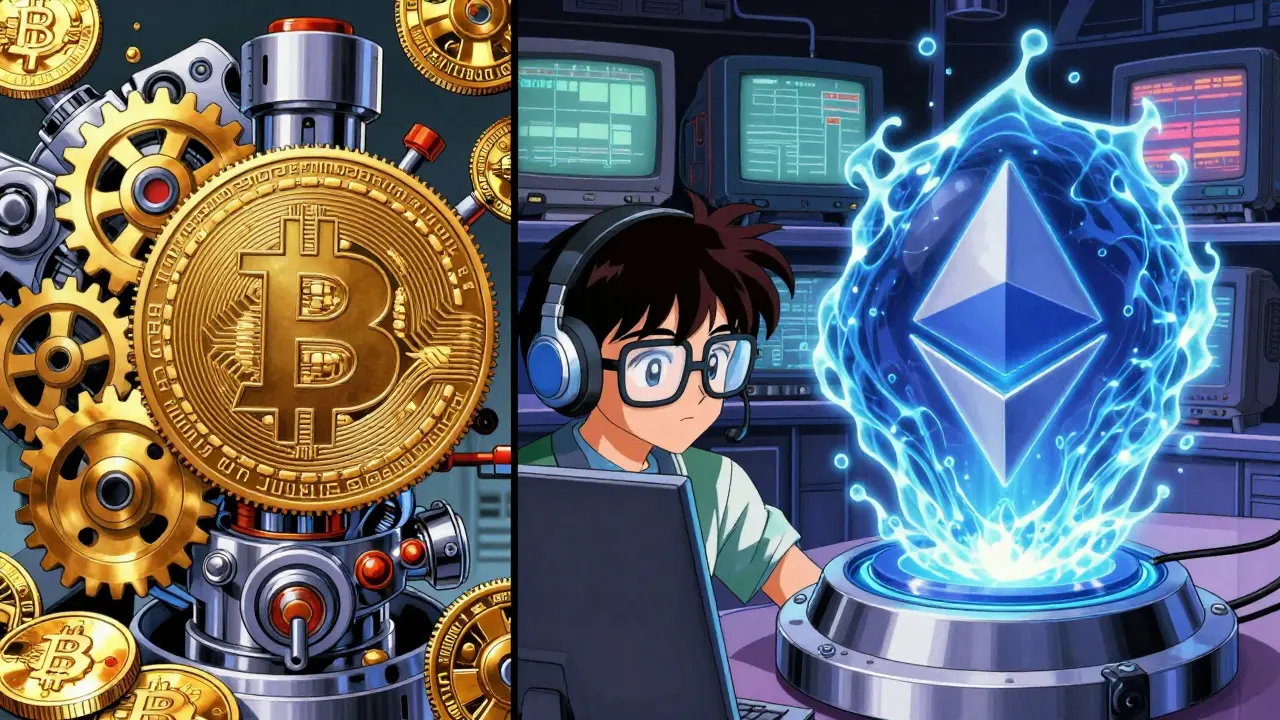Retro anime split-screen comparing Bitcoin and Ethereum network mechanisms.