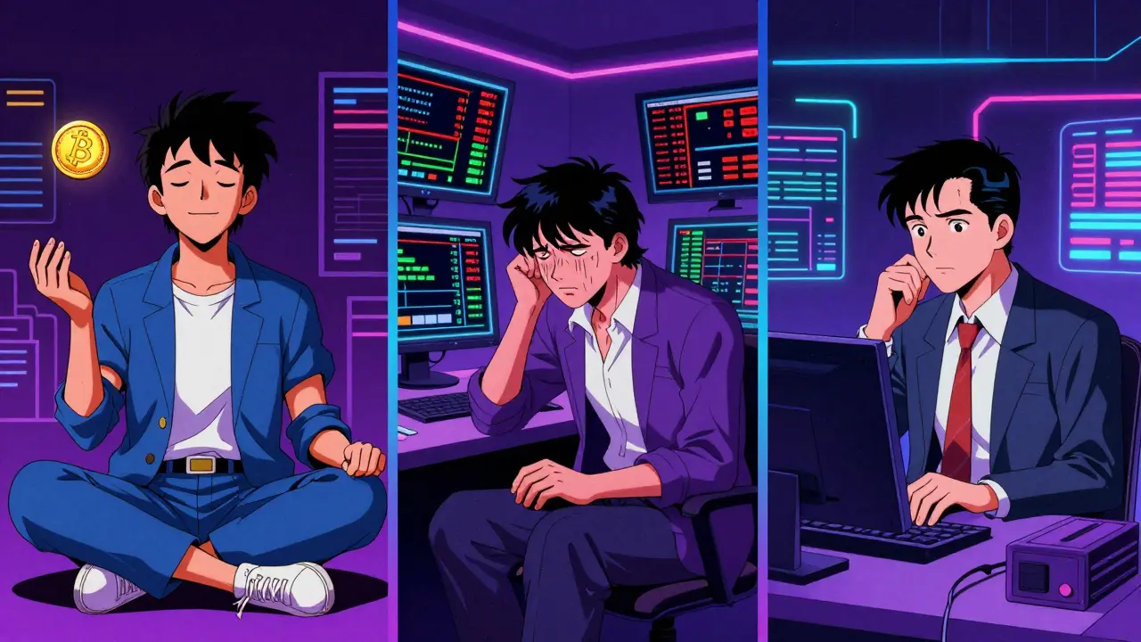 Retro anime split-screen showing a long-term investor, a day trader, and a crypto professional.